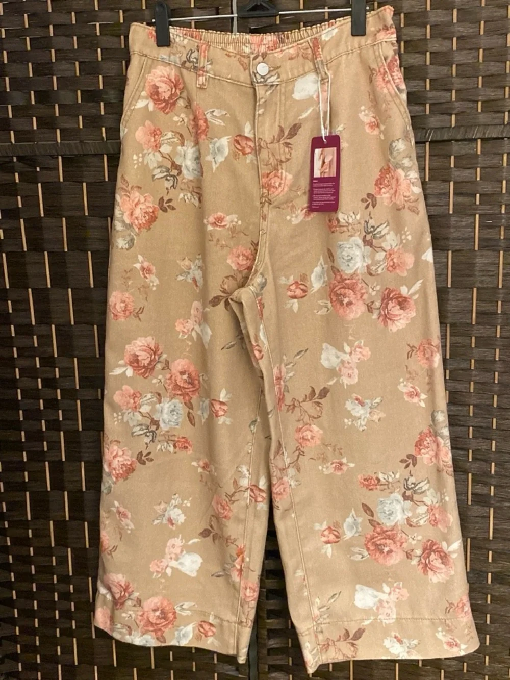 Loveimgs Floral Cropped Jeans in Tan and Pink Ankle-Length Wide Leg Size Large